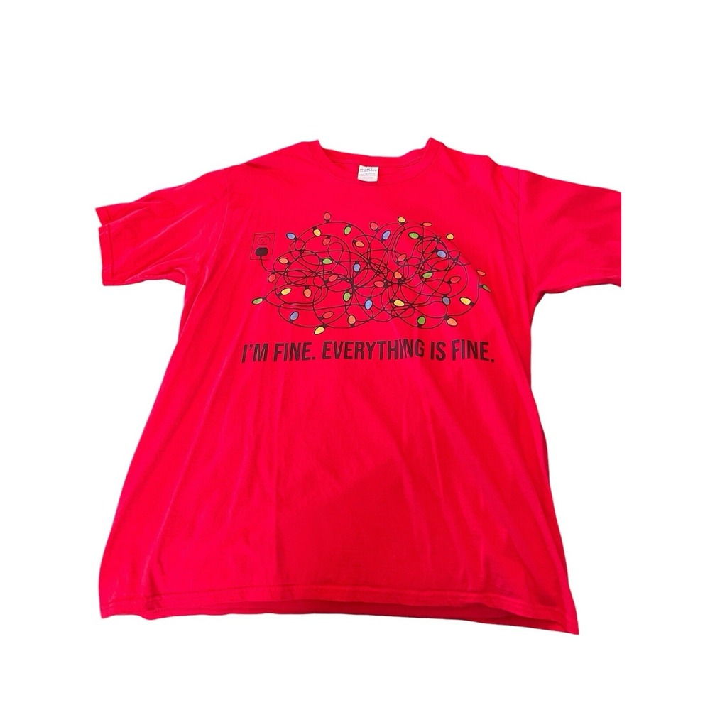 I m Fine  Everything is Fine Christmas Lights Funny Christmas T-Shirt Red Size L